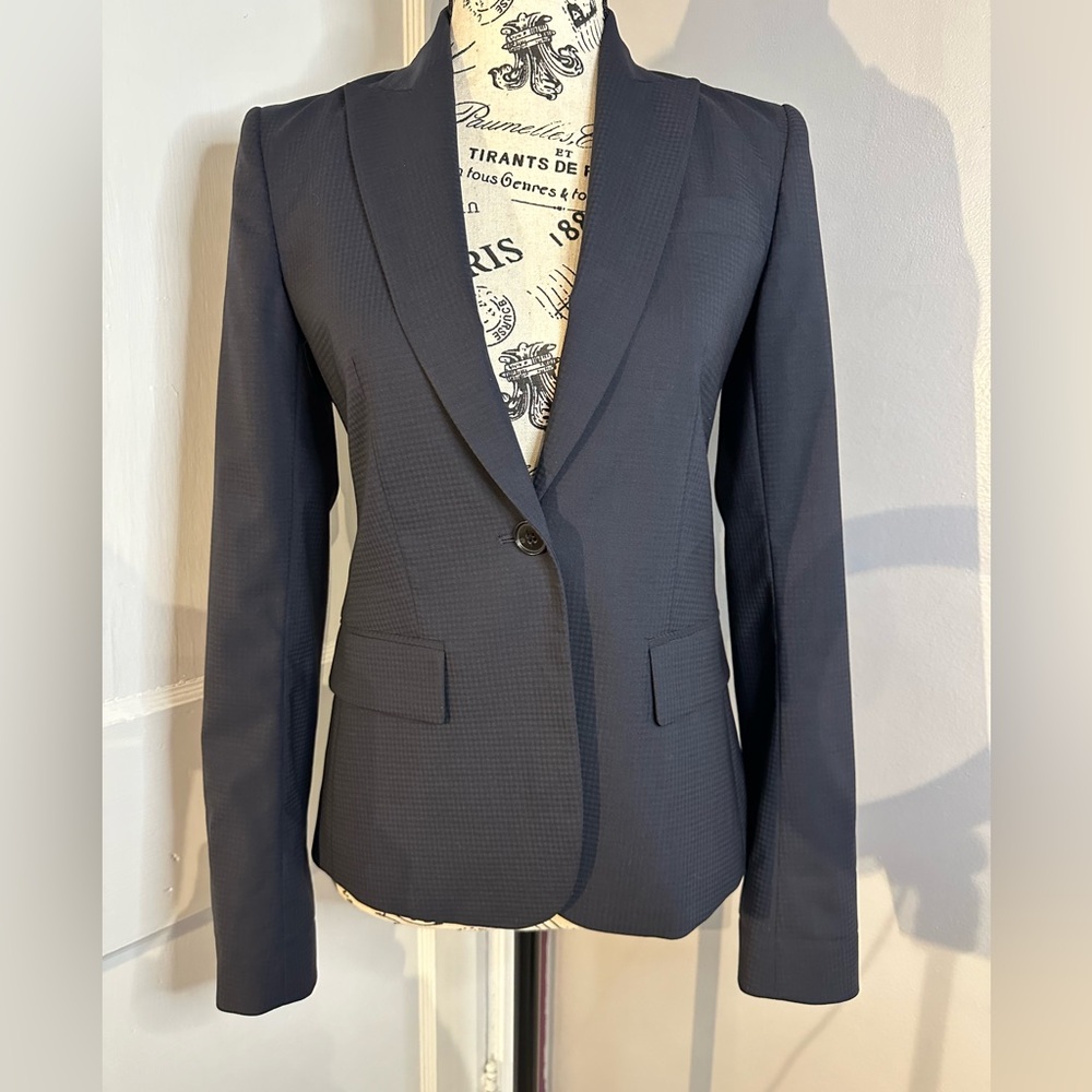 Theory Women’s One Button Classic Navy Checked Virginwool Lined Blazer Size 00